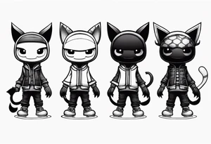 Three sackboys from "litten big planet" in a row, full Black, different poses tattoo idea