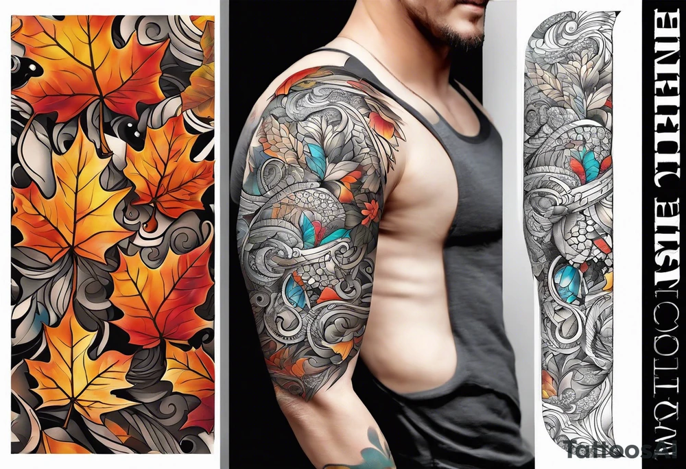 Arm Sleeve Tattoo with fall colors flat tattoo idea