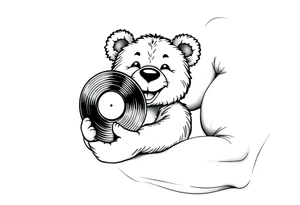 smiling cartoon teddy bear holding a vinyl record tattoo idea