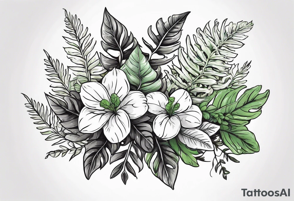 Fern leaf and basil leaf in a bouquet tied with a kawaii ribbon tattoo idea