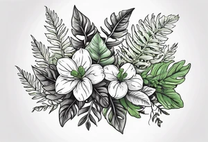 Fern leaf and basil leaf in a bouquet tied with a kawaii ribbon tattoo idea