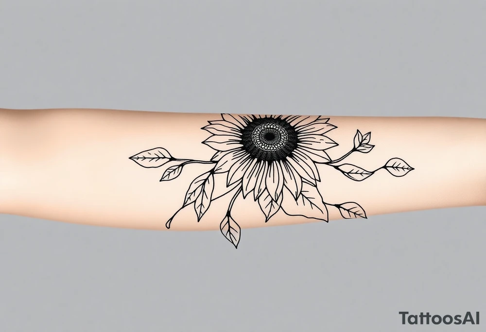 Stylized sunflower on a wild flowy vine with Bohemian mandalas incorporated tattoo idea