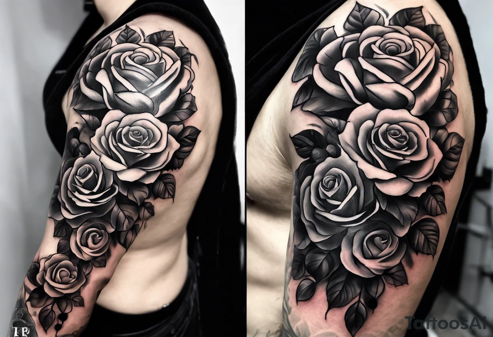 Clock with roses on shoulder/bicep going into roses with the word amor on forearm full sleeve tattoo idea