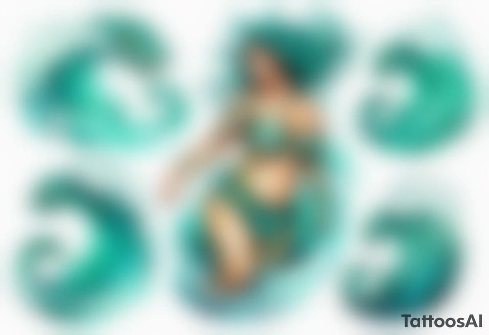 a beautiful chubby turquoise serpent woman emerging from an ocean wave, crashing onto the shore tattoo idea