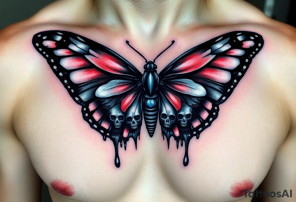 powerful majestic and dark monarch butterfly with skull detail in the wings
hidden skulls in wings, skull detail making the body of the butterfly with a horror style dripping effect, including blue, red and white colouring
placement on chest tattoo idea
