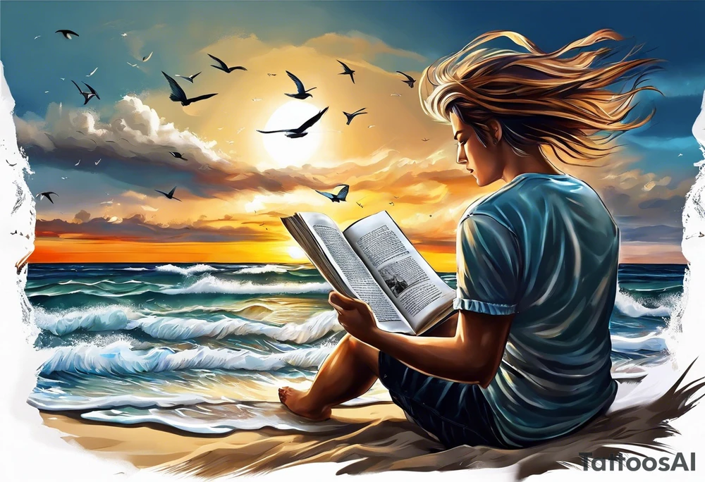 Someone is sitting on the beach reading a book and the pages are flying in the wind, the purpose of the tattoo is to emphasize that just as the pages are flying in the wind, you also have to flip through situations in life tattoo idea