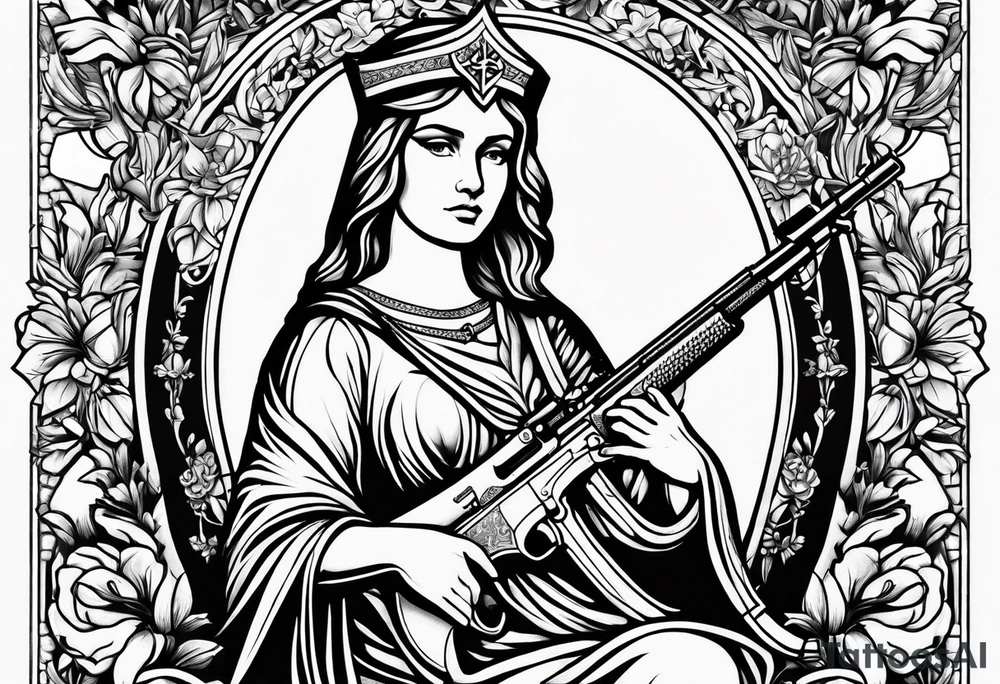 Saint Barbara with AK47 rifle tattoo idea