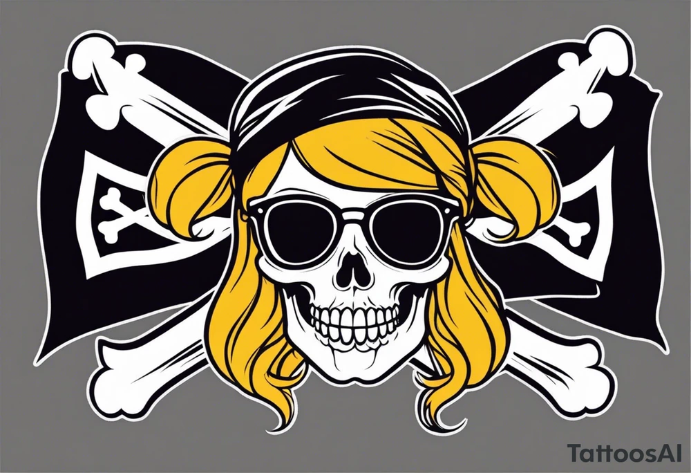 create a pirate flag with a feminine skull with two blonde buns and crossbones underneath, wearing glasses. no hat tattoo idea