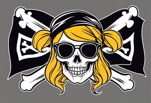 create a pirate flag with a feminine skull with two blonde buns and crossbones underneath, wearing glasses. no hat tattoo idea