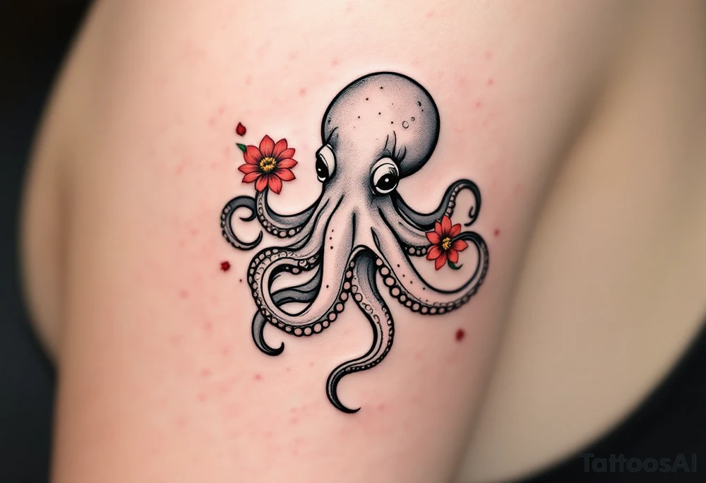 A small realistic black and grey tattoo of an octopus, cute, with detailed shading and soft linework, showing the octopus with swirling tentacles, on light skin. ornamental flowers around with red ink. The style is minimalistic and elegant, resembling fine-line tattoo with a shadow tattoo idea