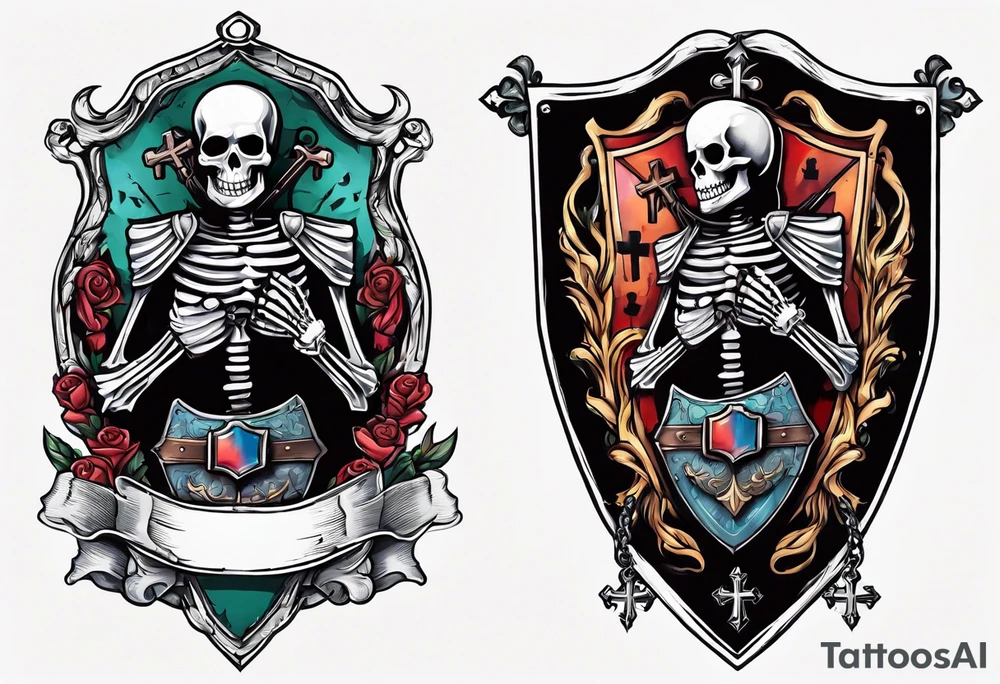 skeleton holding a shield with a cross on it tattoo idea