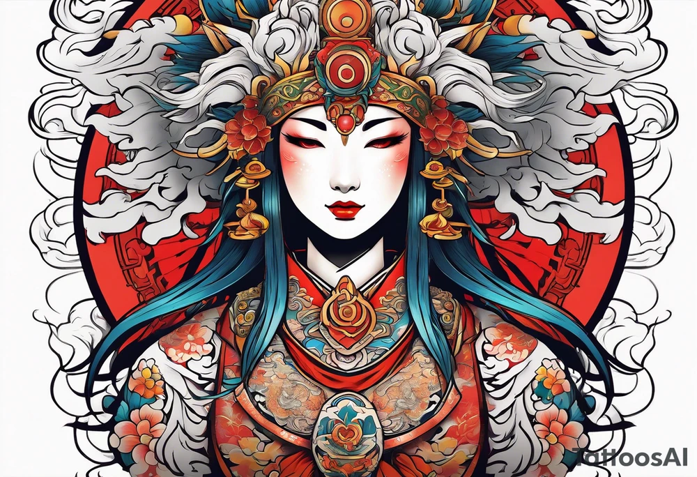 Japanese sun goddess Amaterasu with headdress tattoo idea