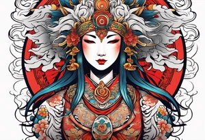 Japanese sun goddess Amaterasu with headdress tattoo idea