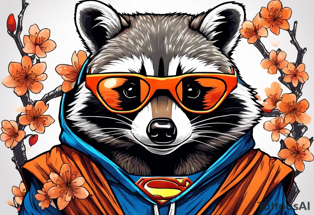 raccoon wearing a Superman hoodie with orange cherry blossoms tattoo idea
