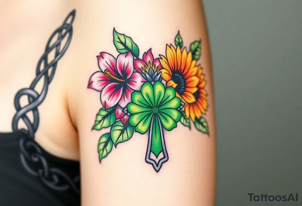black and green celtic knots weaving throughout, bright colorful hibiscus flowers, sunflowers and a celtic cross with green 4 leaf clover tattoo idea