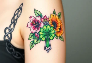black and green celtic knots weaving throughout, bright colorful hibiscus flowers, sunflowers and a celtic cross with green 4 leaf clover tattoo idea