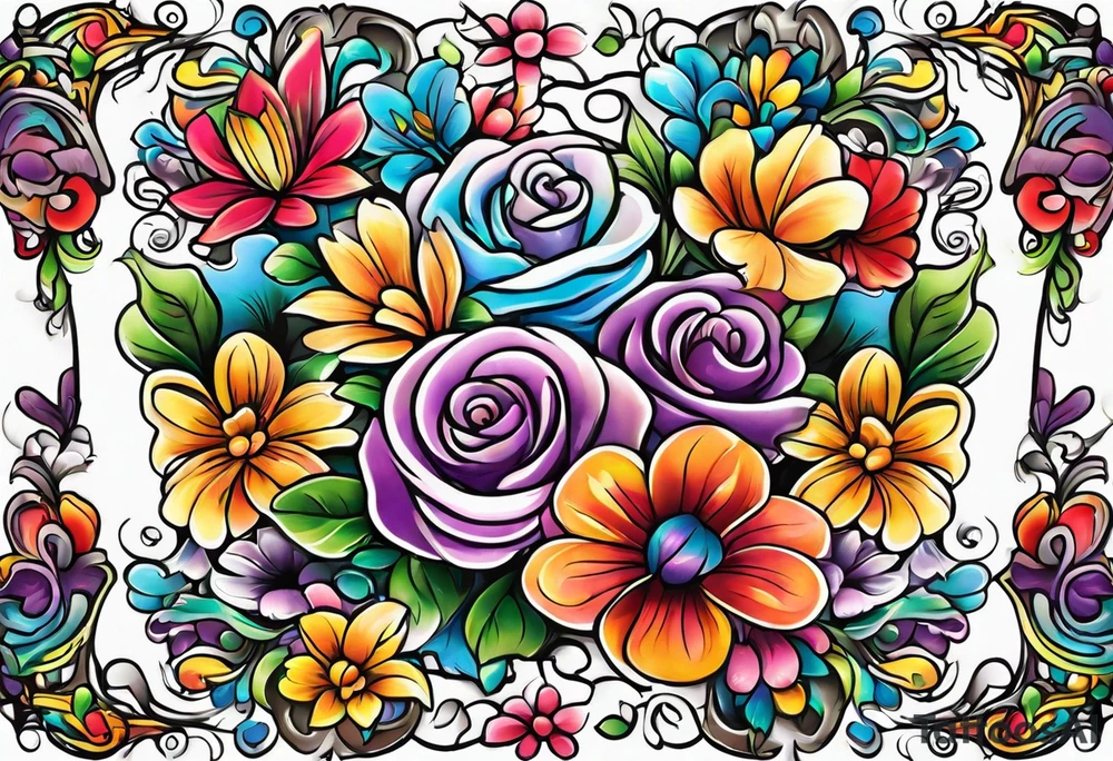 Arm sleeve dedicated to mom with rainbow flowers tattoo idea