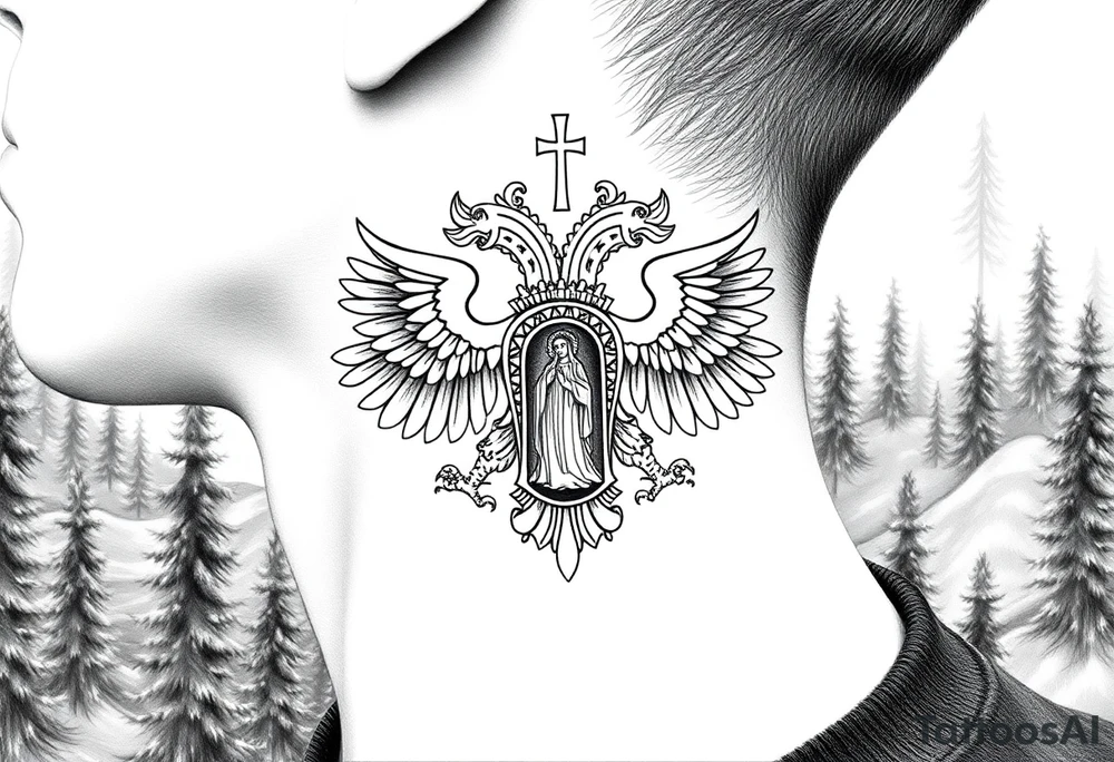 russian coat of arms double headed eagle traditional christian orthodox cross with a virgin mary stood in the entrance of a russian orthodox dome church on the side of the neck in a wilderness setting tattoo idea