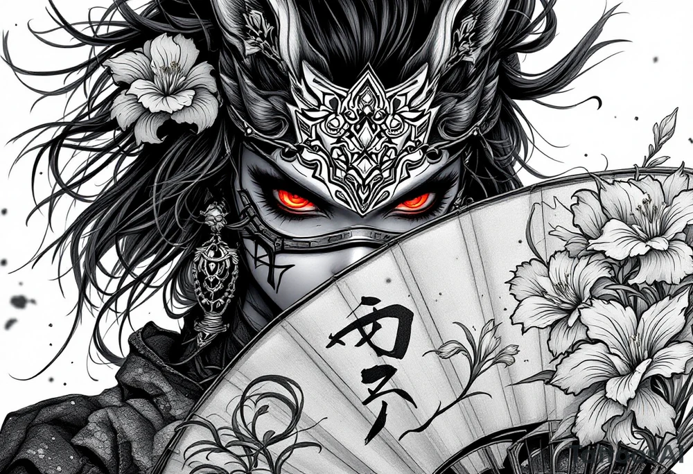 japanese samurai woman with red eyes wearing a kitsune half-mask and holding a fan with irises flowers ornement tattoo idea
