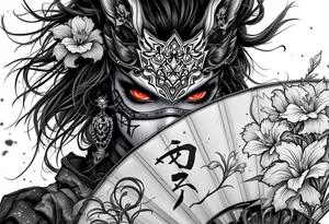 japanese samurai woman with red eyes wearing a kitsune half-mask and holding a fan with irises flowers ornement tattoo idea