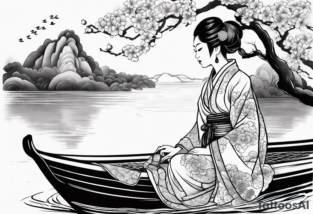 vietnamese lady on boat lanterns water tattoo idea