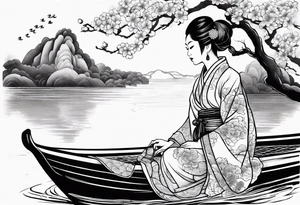 vietnamese lady on boat lanterns water tattoo idea