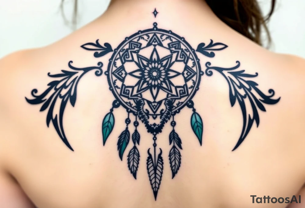 Dreamcatcher with zodiac symbols and protection runes caught in it with wolf teal tattoo idea
