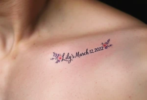 Lily's Birthdate (March 12, 2022) – A delicate rose pink and lavender floral design encircles Lily's birthdate in elegant cursive, with tiny gold accents around the numbers. tattoo idea