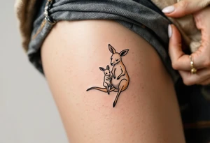 A kangaroo in warm beige carrying her joey in her pouch illustrates safety, nurturing, and constant closeness. tattoo idea