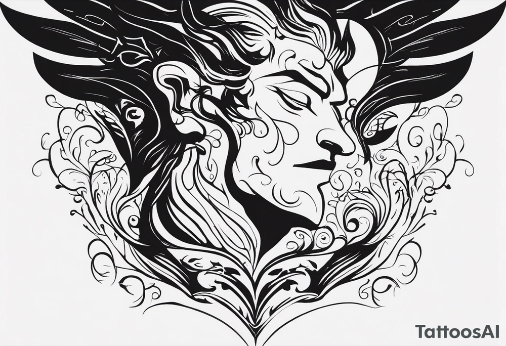 Creator for me a tatto design that consist in the following description, a man being held by the neck by his heart representing the emotions and fellings that make him stuck inside himself, on his side a beast represeting the rage and inner fury inside, glowing with all the mistakes that were made. On the other side a angelical creature, try to preserve the good side of him, and wanting him to follow a good path. tattoo idea