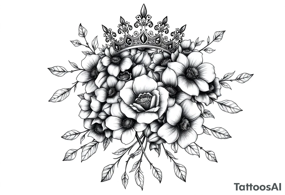detailed beautiful gothic boho flowerson vine with gorgeous crown ornamental tattoo idea