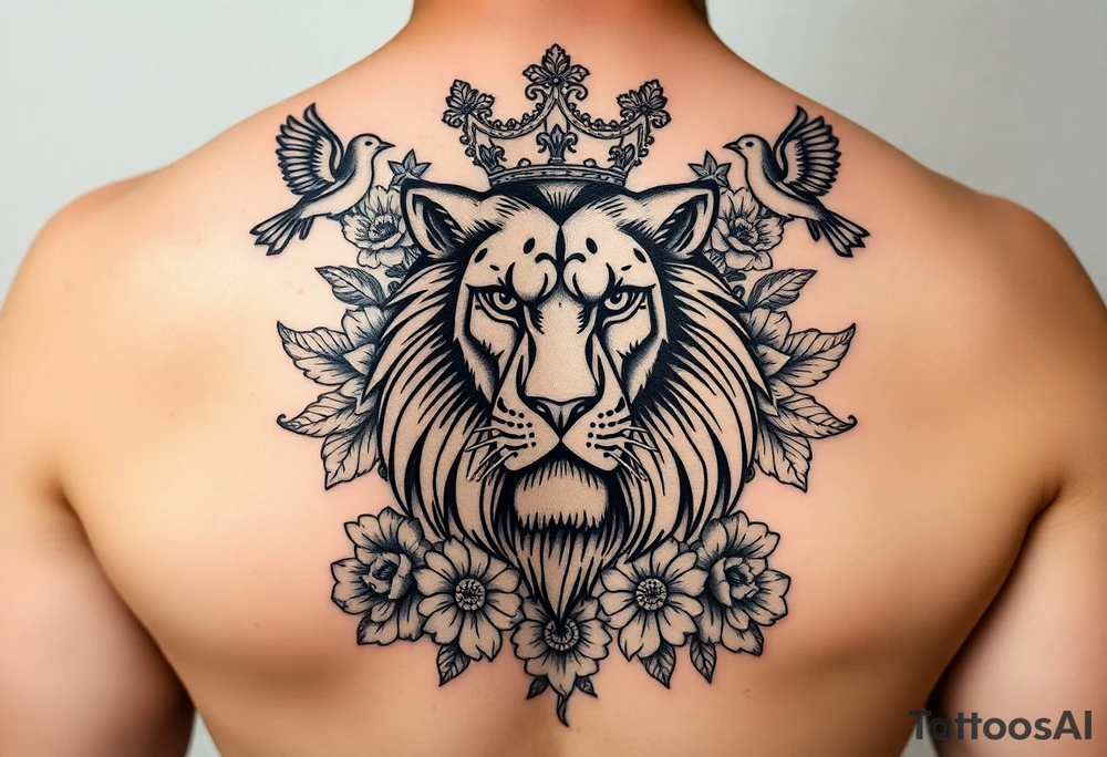 powerful majestic lion with a crown, surrounded by floral ornaments and birds tattoo idea