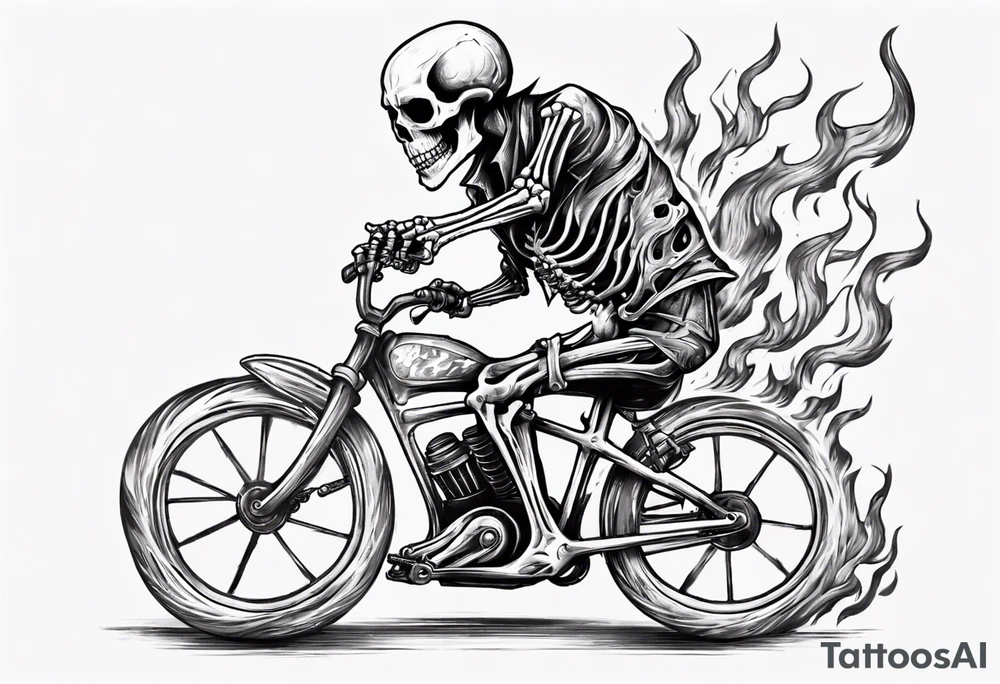 Skeleton riding a bike with flames tattoo idea