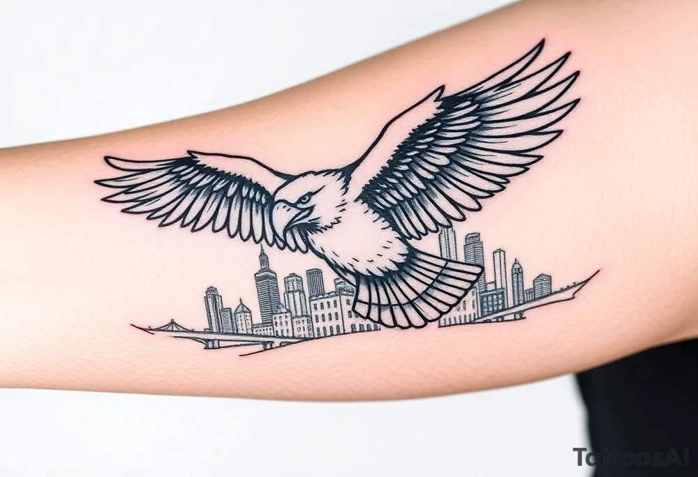 Philadelphia Eagle flying over Philadelphia city skyline faded with a Go Birds under it on arm tattoo idea