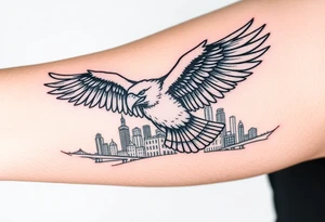 Philadelphia Eagle flying over Philadelphia city skyline faded with a Go Birds under it on arm tattoo idea