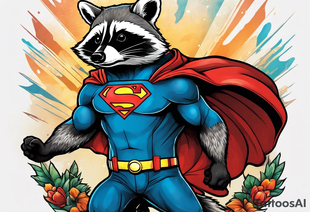 raccoon wearing a Superman t-shirt tattoo idea