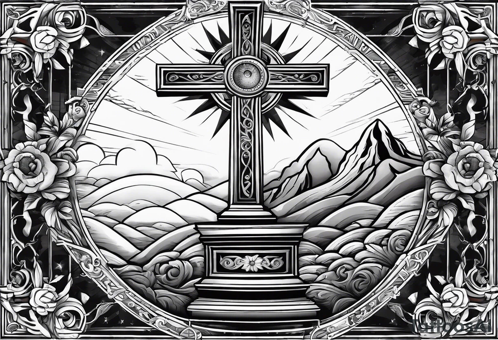 Tomb with cross and sun in the background tattoo idea