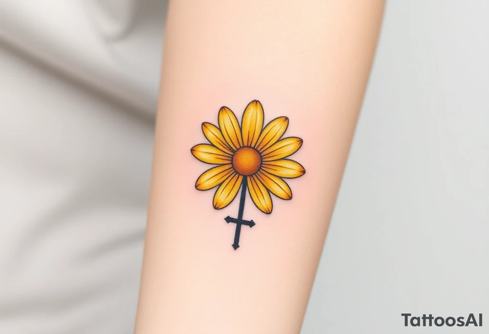 Simple yellow daisy with Purple Hearts & cross tattoo idea