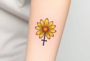 Simple yellow daisy with Purple Hearts & cross tattoo idea