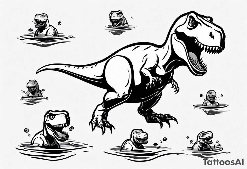 silly happy t rex in a pool wearing water polo cap tattoo idea