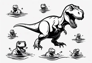 silly happy t rex in a pool wearing water polo cap tattoo idea
