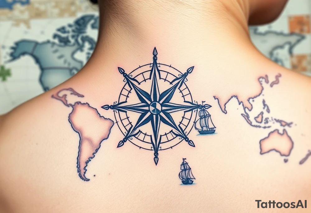 antique compass rose overlaid on weathered world map with sailing ships tattoo idea
