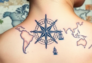 antique compass rose overlaid on weathered world map with sailing ships tattoo idea