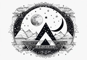 geometric simple moon with triangles and stars tattoo idea