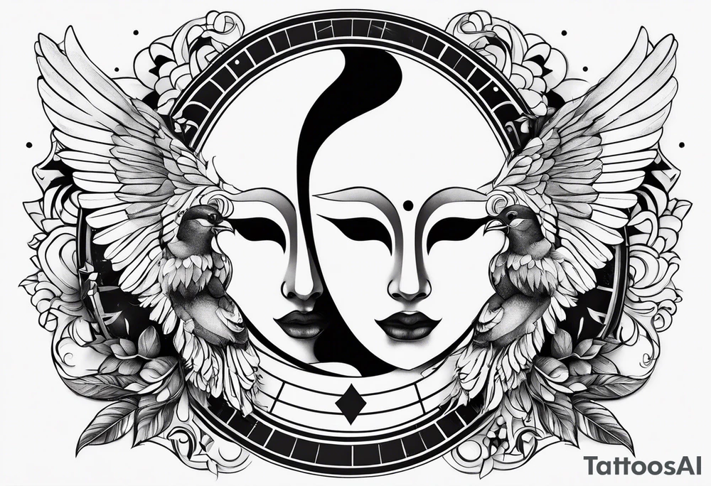 Semicolon with two birds and theatre masks tattoo idea