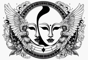 Semicolon with two birds and theatre masks tattoo idea