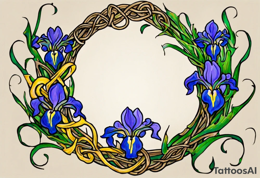 Create a colorful small Vincent van Gogh Irises tattoo with Celtic knots. The tattoo should take the form of a crescent, with vines gracefully intertwining at a central point in the middle of the wreath. Ensure that the design avoids the appearance of a bush and maintains a more structured and deliberate arrangement. The intended placement is on the upper chest. The overall design should be small in size while maintaining a delicate and artistic aesthetic. Pay attention to the graceful flow of the vines and the placement of the irises to achieve a refined and elegant look tattoo idea