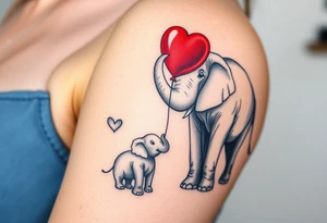 Mother elephant and a baby elephant holding a red balloon with its trunk, symbolizing childhood joy and innocence tattoo idea