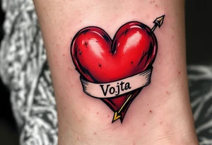 A classic red heart pierced by an arrow, bearing the name Vojta along the curve. tattoo idea