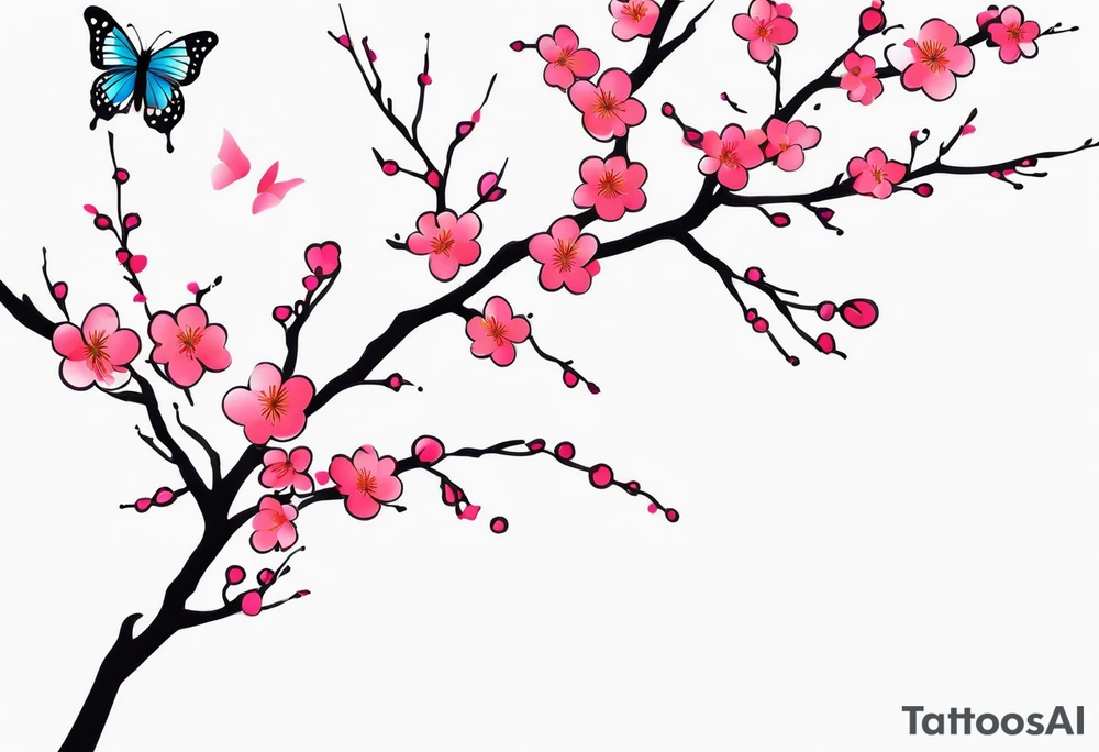 Vibrant, pink plum blossom branches with colorful butterflies tattoo idea